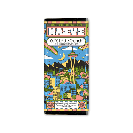 Café latte crunch truffle bar by Seattle Chocolate with a Seattle city skyline design.