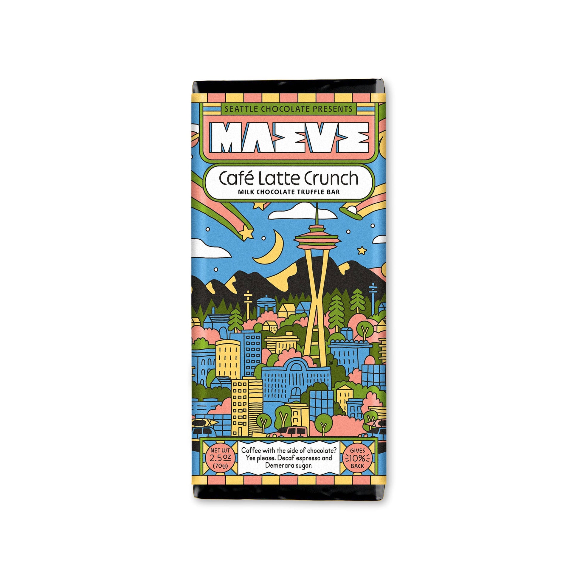 Café latte crunch truffle bar by Seattle Chocolate with a Seattle city skyline design.