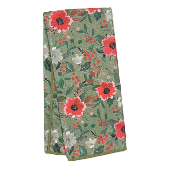Floral sage towel by Karma Living featuring red poppies, white blossoms, and green leaves.