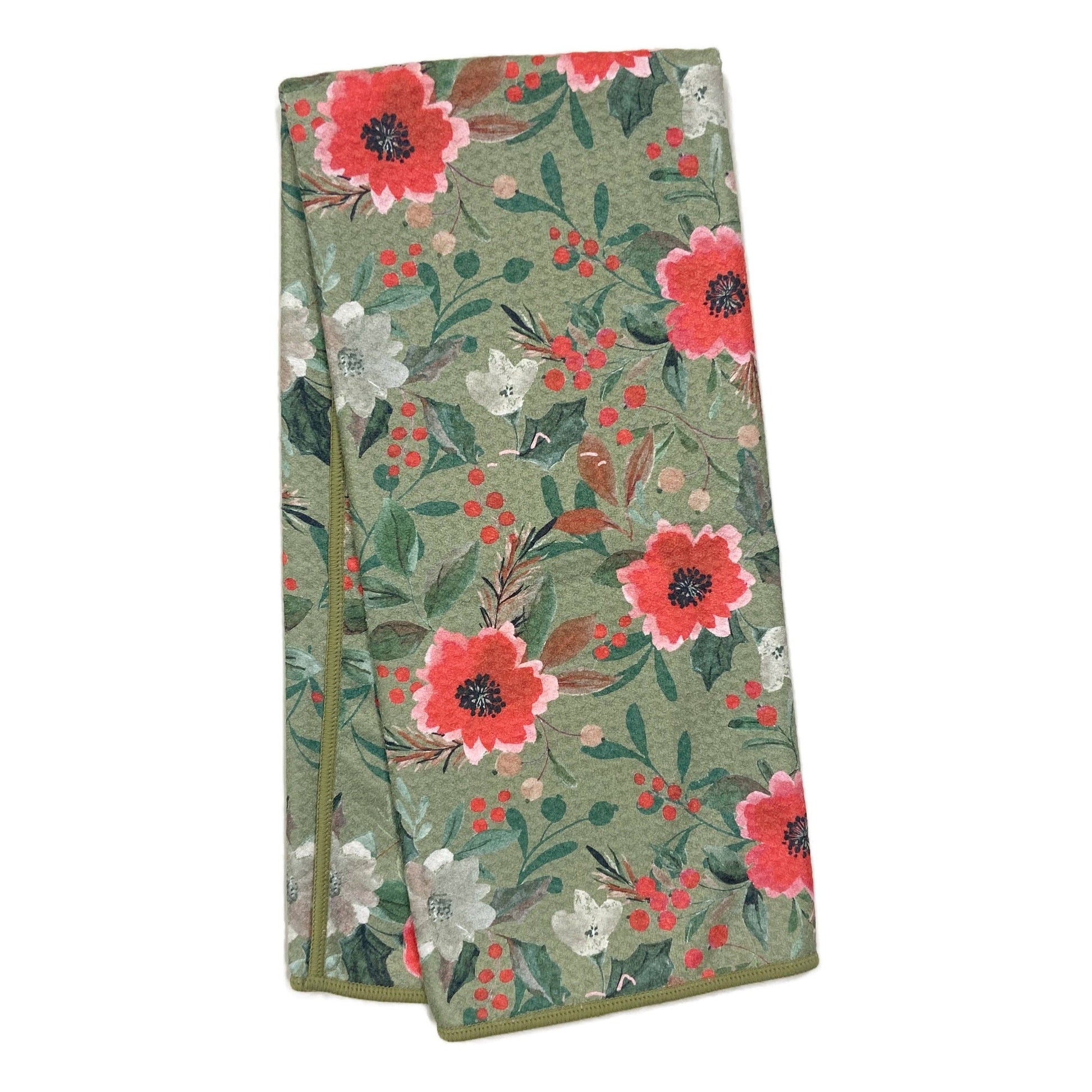 Floral sage towel by Karma Living featuring red poppies, white blossoms, and green leaves.