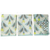 Set of three reversible multicolor mini towels by HJ Sparrow, featuring a geometric bird pattern and blue trim.
