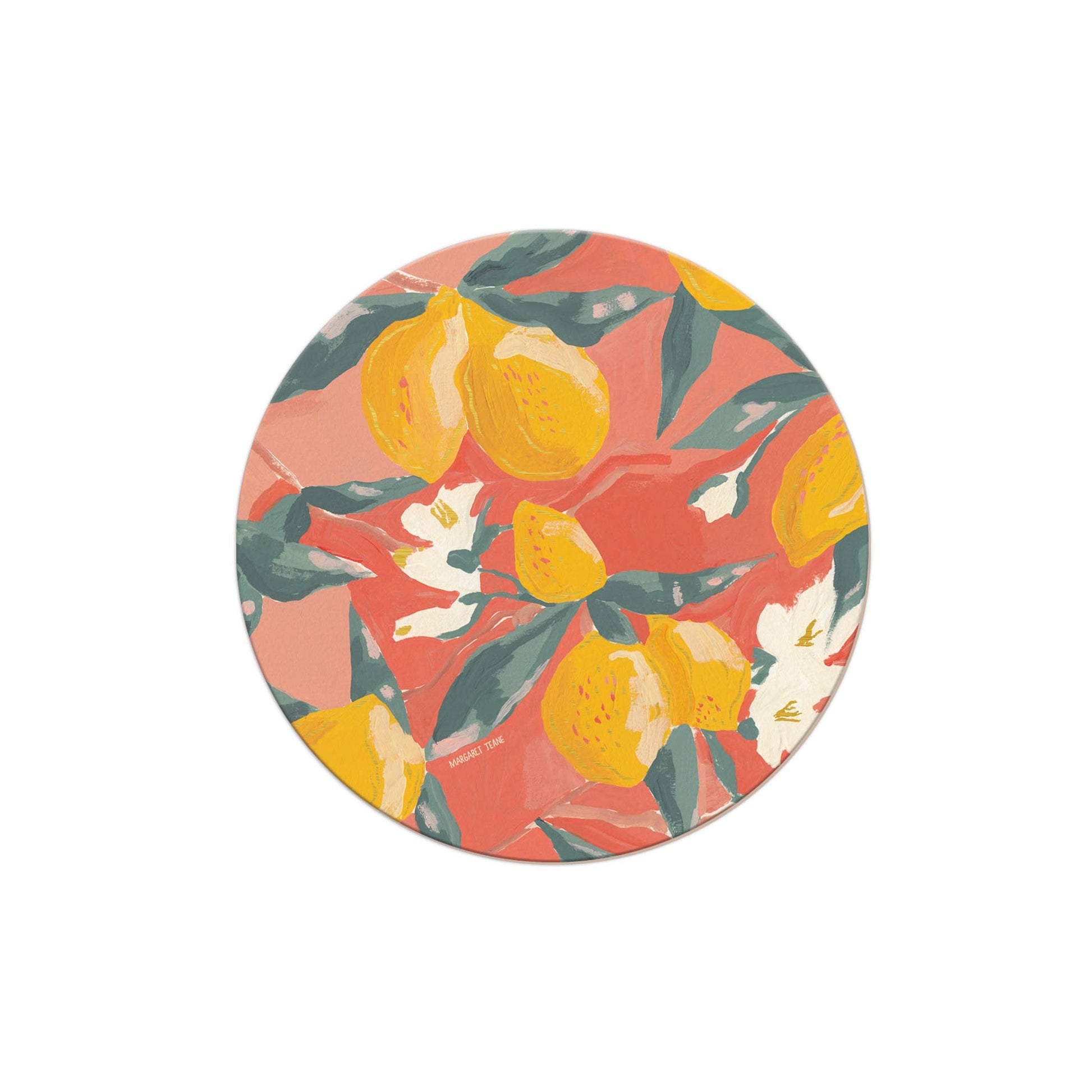 Set of coasters with floral print by Margaret Jeane, featuring lemons, flowers, and green leaves on a coral background.