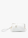 White crossbody wristlet by unknown brand, with gold tone hardware and textured finish.