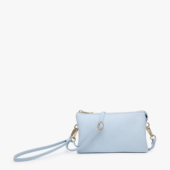 Baby blue crossbody wristlet from unknown vendor with gold hardware and a braided wrist strap.