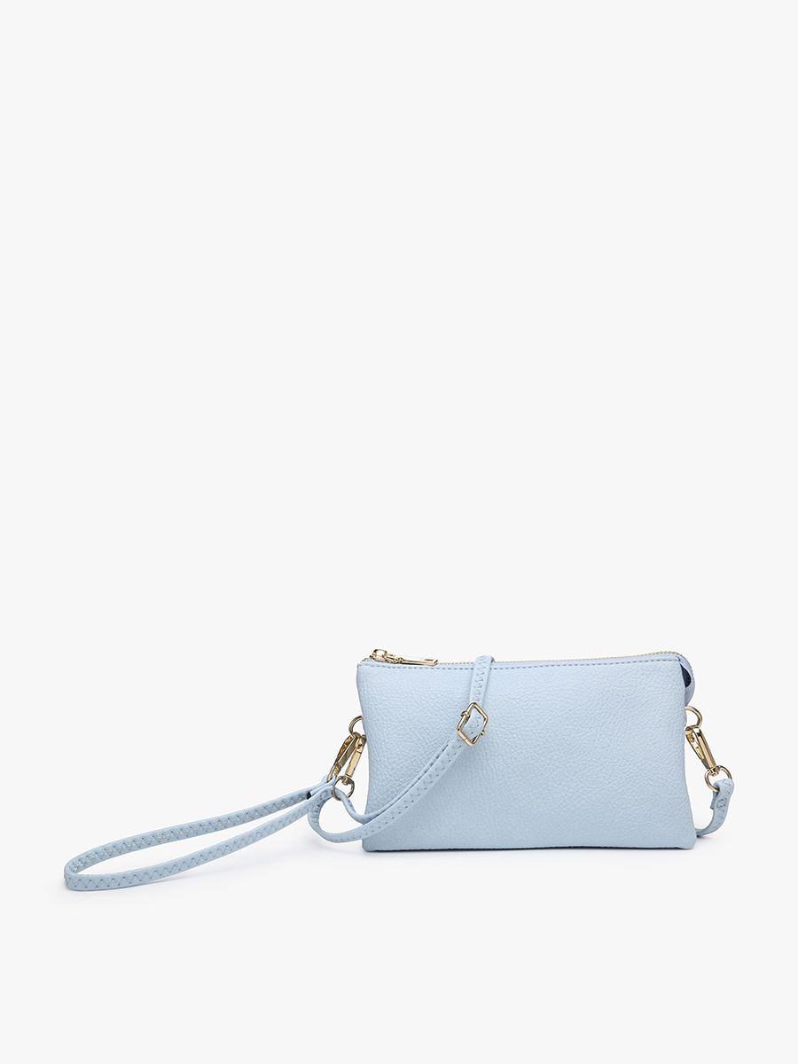 Baby blue crossbody wristlet from unknown vendor with gold hardware and a braided wrist strap.
