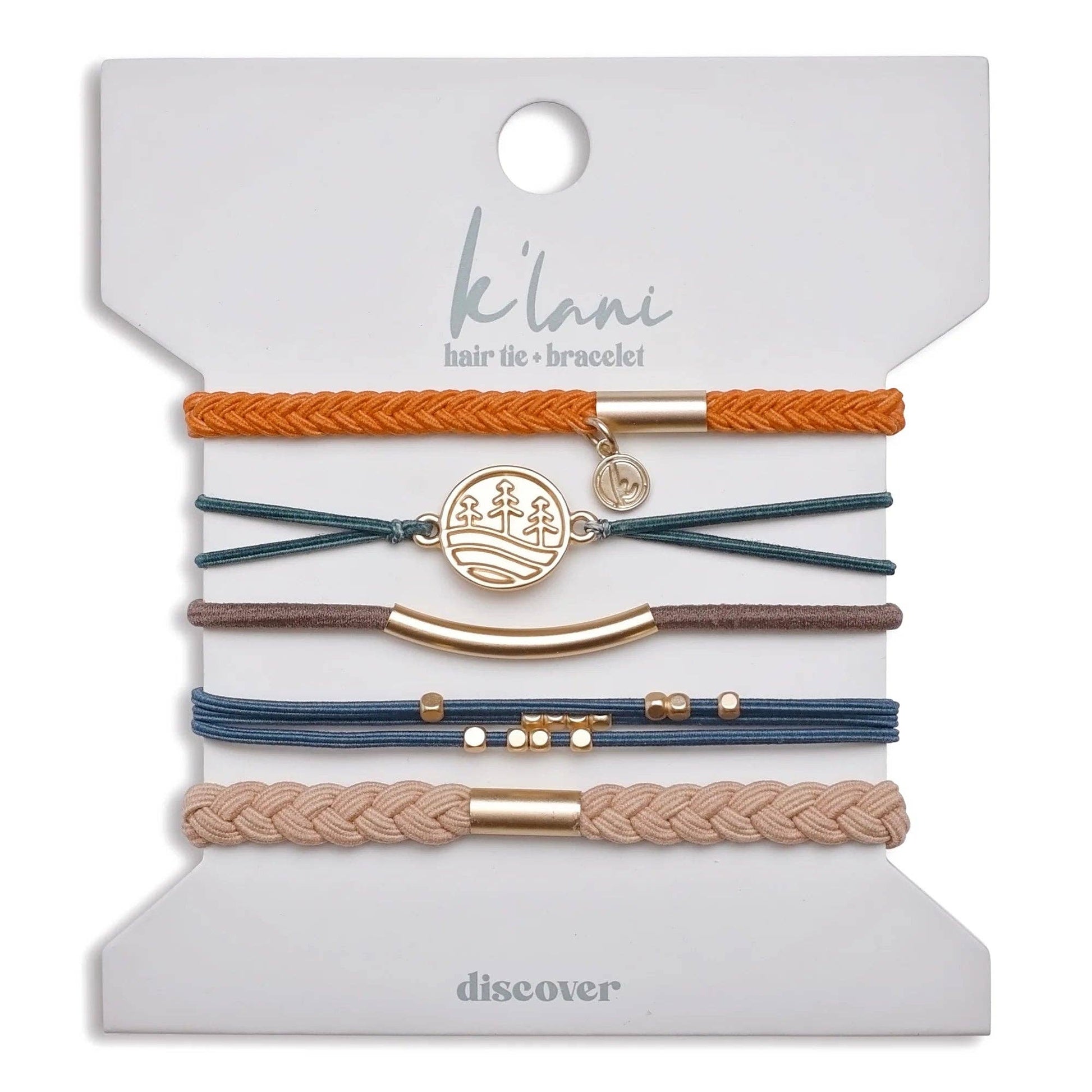 Hair tie bracelet set from K'Lani, displaying tan, brown, gold, blue and orange braided bands with decorative metal accents.