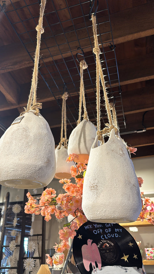 Hanging Coarse Stoneware Planter w/ Jute Rope Hanger (Smaller)