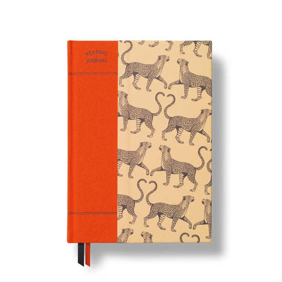 A5 guided reading journal with orange fabric cover by Tails & Hearts featuring a leopard print design.