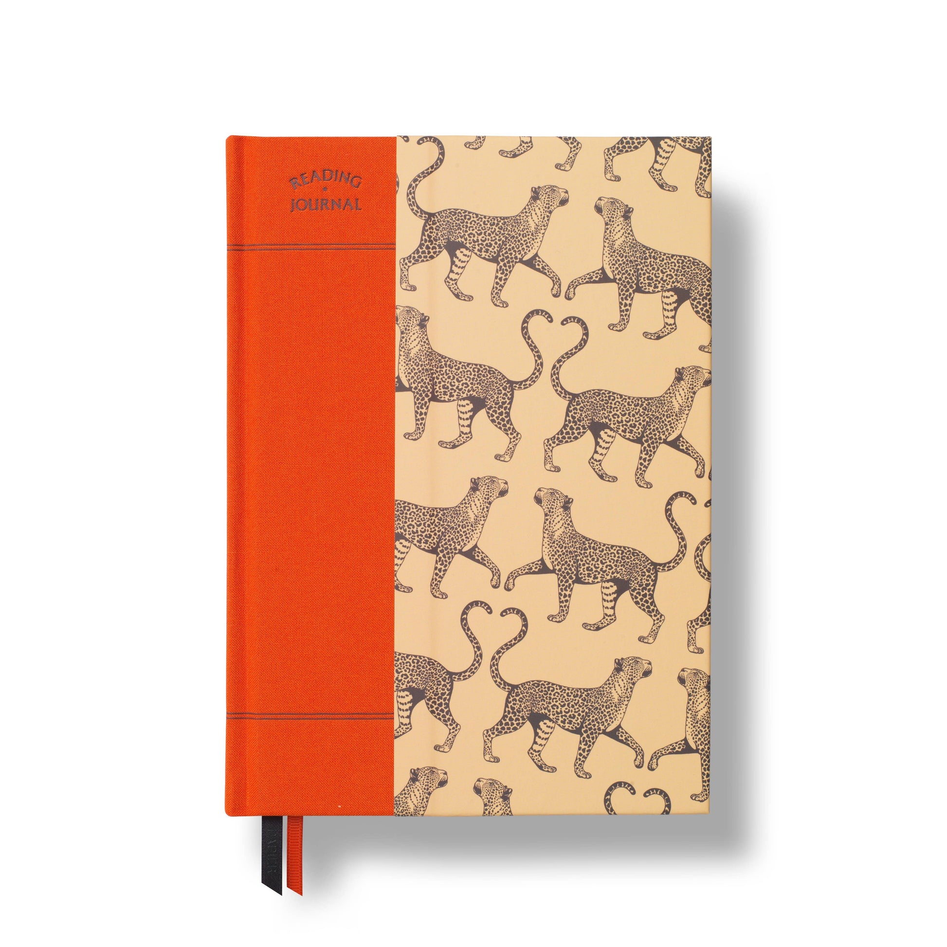 A5 guided reading journal with orange fabric cover by Tails & Hearts featuring a leopard print design.