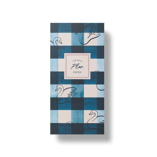 Daily planning pad, undated, from Papier, with a blue-and-white checkered pattern and swan designs.