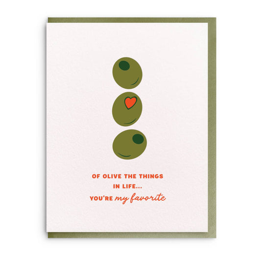 Letterpress friendship greeting card with olive illustrations and a pun message.
