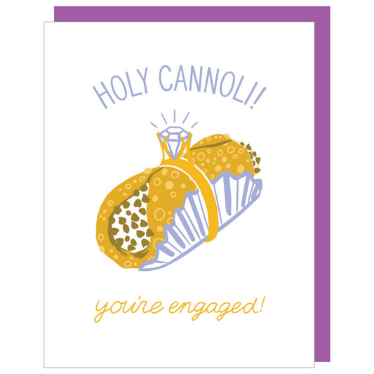 Cannoli engagement card with diamond ring detail, featuring "Holy Cannoli!" and "You're engaged!" text.