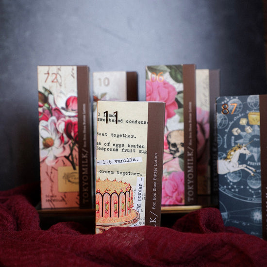 Assorted Tokyo Milk Handcremes by Margot Elena featuring floral, cake, and constellation designs.