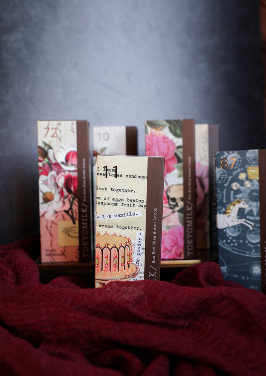 Assorted Tokyo Milk Handcremes by Margot Elena featuring floral, cake, and constellation designs.