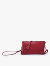Wine crossbody wristlet with multiple compartments, featuring a pebbled texture.