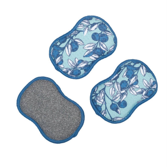 Set of three reusable sponges, blueberry pattern by unknown vendor, featuring a blue trim.