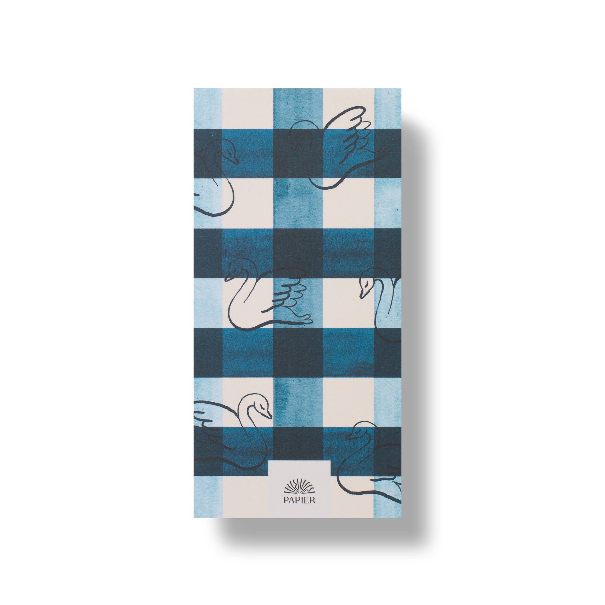 Daily planning pad by Papier featuring a blue and white checkered pattern with swan illustrations.