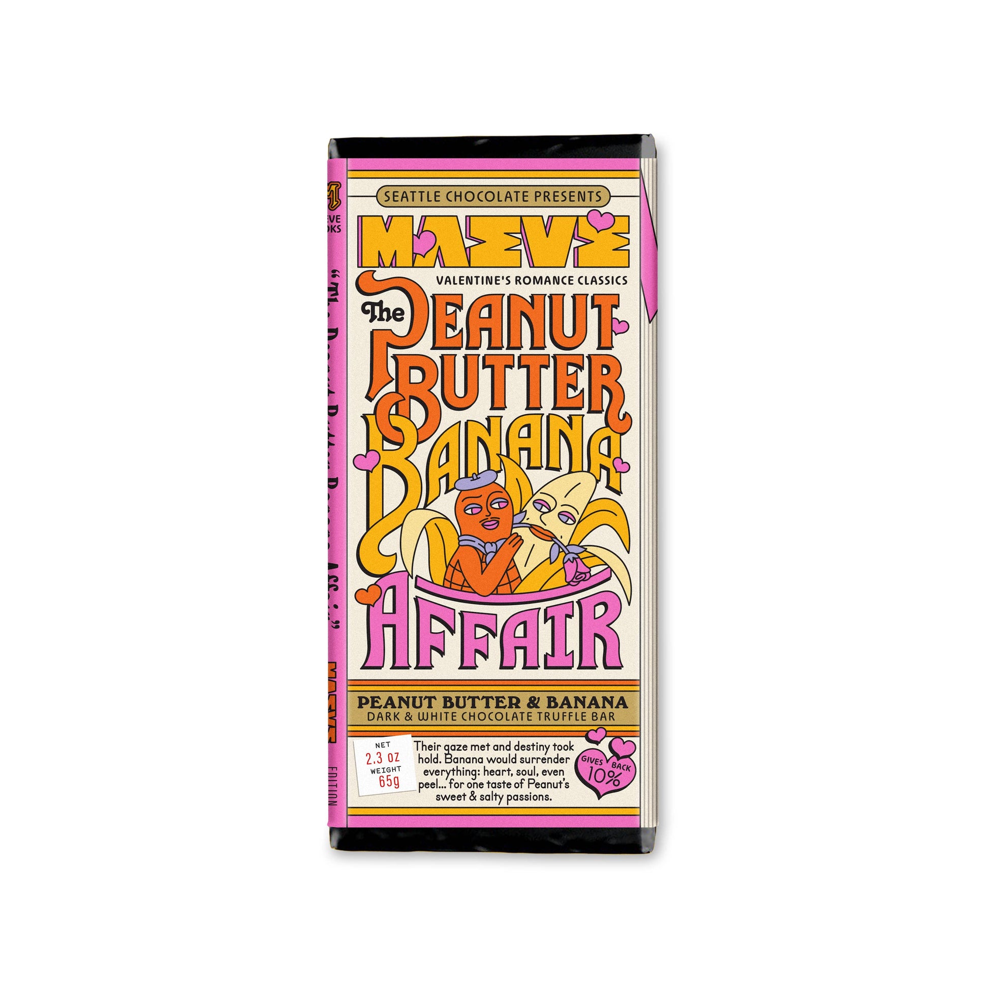 Peanut butter and banana truffle bar by Seattle Chocolate, featuring cartoon fruit characters and a pink graphic novel design.

