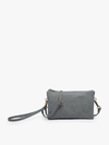 Earth grey crossbody wristlet from undisclosed vendor, with a matching wrist strap and adjustable shoulder strap.
