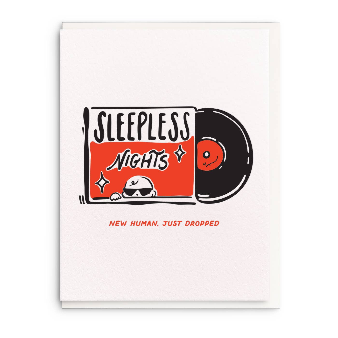 Letterpress greeting card with 'Sleepless Nights' graphic by Knotty Cards, showcasing a baby peering over a vinyl record.