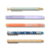 Set of five pens and highlighters by Papier with various pastel colors and patterns.