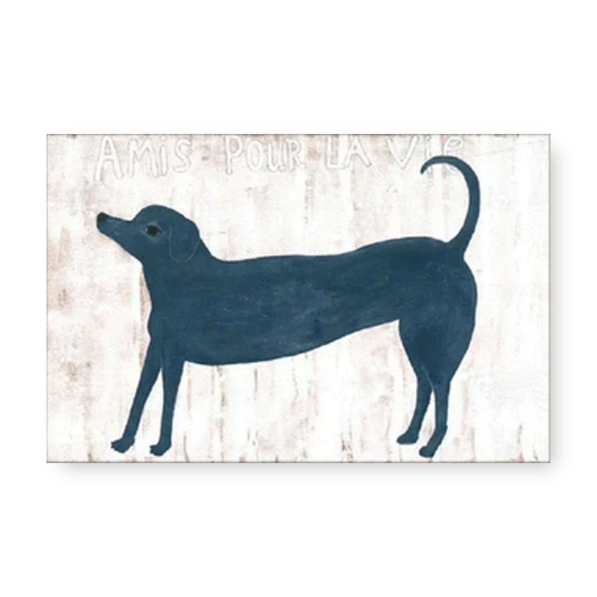 Rectangular art tile with a blue dog silhouette against a textured background, featuring a French phrase.