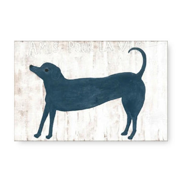 Rectangular art tile with a blue dog silhouette against a textured background, featuring a French phrase.