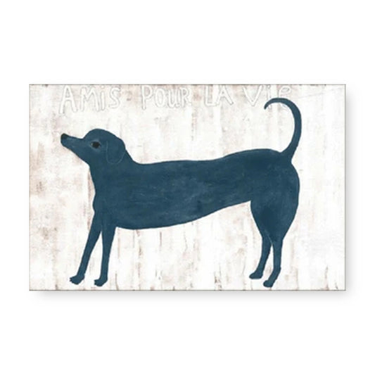 Rectangular art tile with a blue dog silhouette against a textured background, featuring a French phrase.