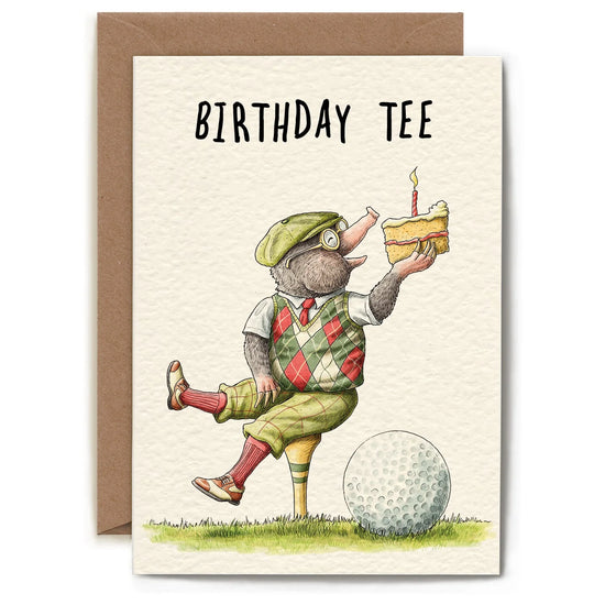 Birthday Tee Card, a stationery item with an illustration of a mole golfer holding cake.