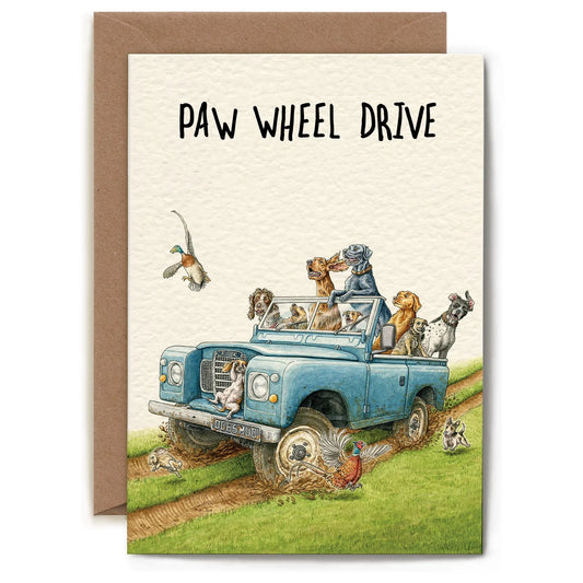 Humorous card by Wrendale Designs depicting dogs riding in a vintage blue SUV.