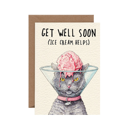 Get well soon greeting card with cat illustration by Stormy Knight, featuring a cat wearing a pink ice cream cone.