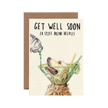 Get well soon dog card by Central 23, featuring a cartoon dog with a cocktail glass collar.