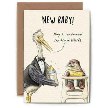 New baby greeting card featuring a bird and an otter, with text "New Baby! May I recommend the house white?".