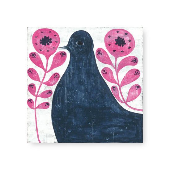 Square art tile with bird and flower illustration on a white textured background.
