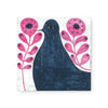 Square art tile with bird and flower illustration on a white textured background.