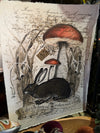 Paper print home decor featuring a rabbit and mushrooms with botanical sketches, embellished with script.