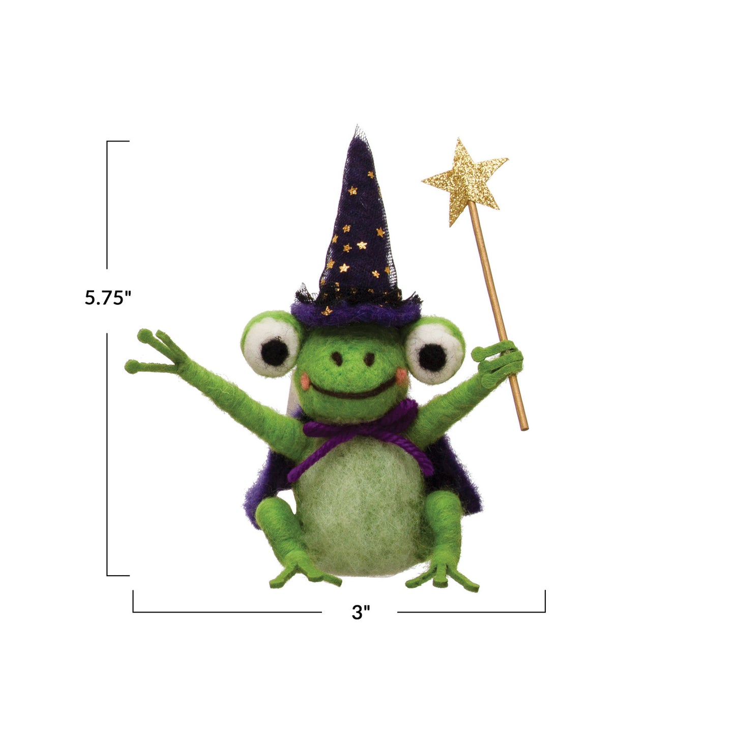 Wool Felt Wizard Frog 3"L x 2.75"W x 5.75"H