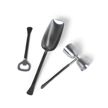 Stainless steel bar tools set with hatch pattern handles by Marquis, including a bottle opener, scoop, and jigger.
