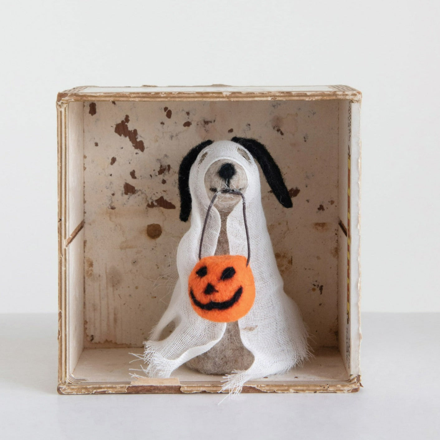Wool Felt Dog in Ghost Costume 5"L x 3.5"W x 5"H