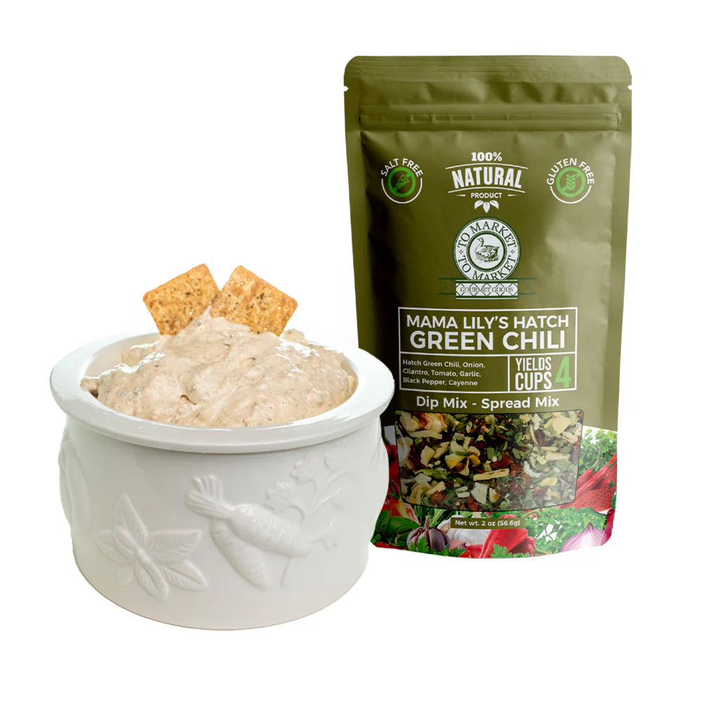 Gourmet dip mix by To Market to Market, next to a white bowl of prepared dip and crackers.