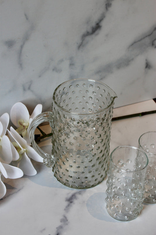 Hand-Blown Glass Hobnail Pitcher