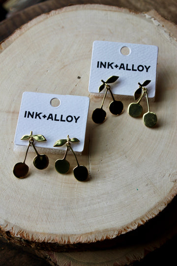 Cheri Cherry Dangle Post Earrings Brass