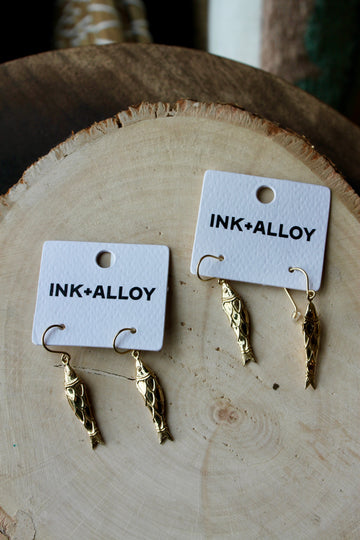 Sally Fish Dimensional Dangle Earrings Brass