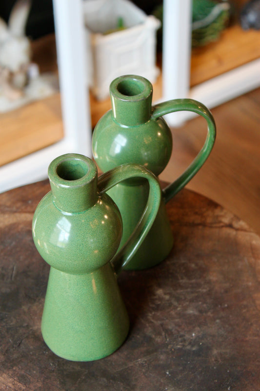 Green Stoneware Taper Holder w/ Handle