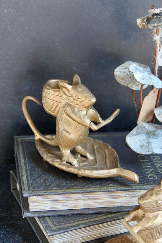 Cast Metal Taper Holder w/ Mouse on Leaf