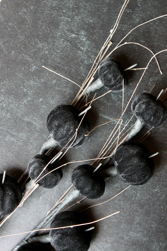 Black velvet pumpkin stem with twig accents.