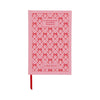 Pink journal with bow pattern and red ribbon bookmark.