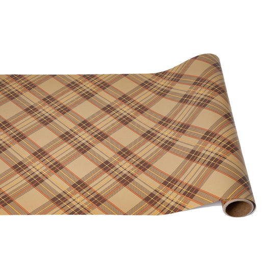 Plaid paper runner with a brown and beige pattern on a roll.