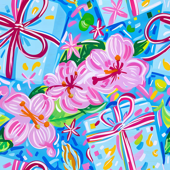 Gift wrap for prosecco bottles featuring floral and present pattern.