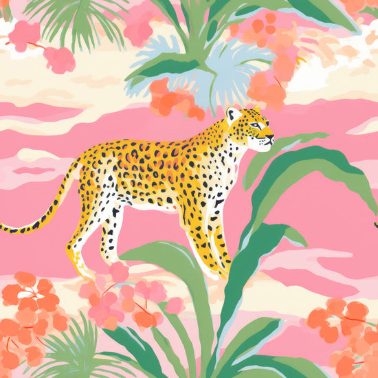 Gift wrap with a leopard print by Beau Bottles, styled with jungle foliage and abstract pink clouds.